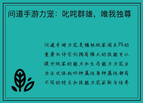 问道手游力宠：叱咤群雄，唯我独尊