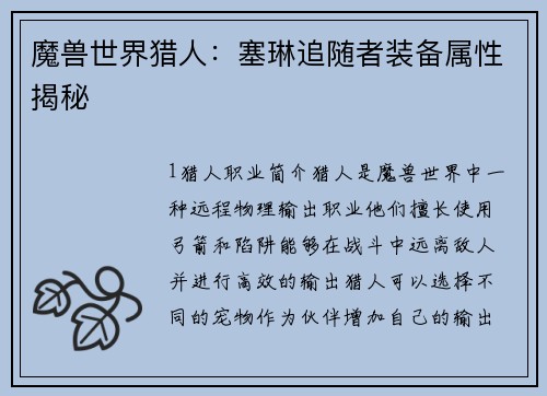 魔兽世界猎人：塞琳追随者装备属性揭秘